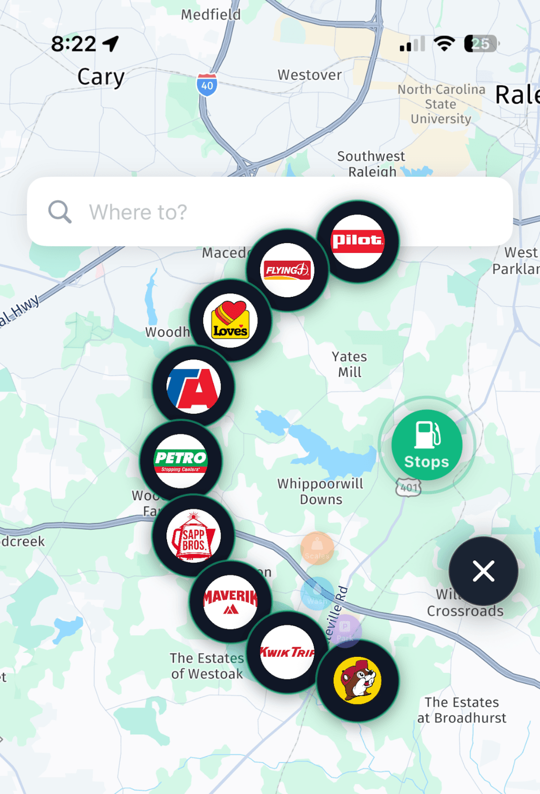The Argus app map showing Pilot, Flying J, Love's, TA, Petro, Sapp Bros, Maverik, Kwik Trip and Buc-ee's fuel stops along a route near Raleigh, North Carolina