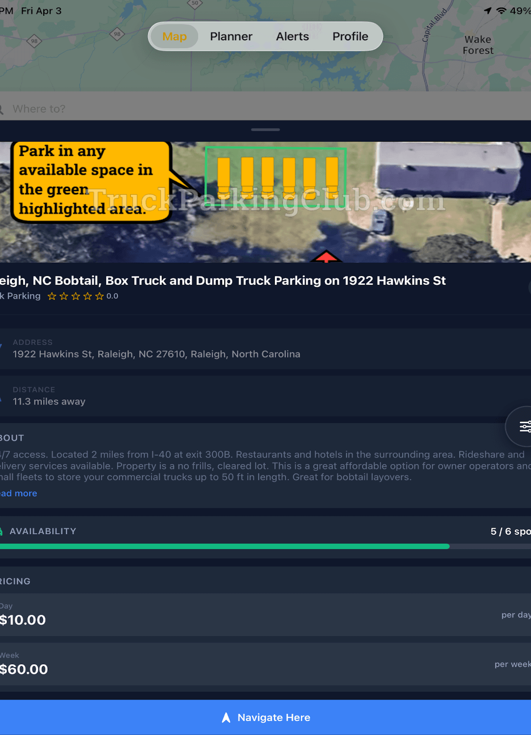Argus driver app showing truck parking availability along the route