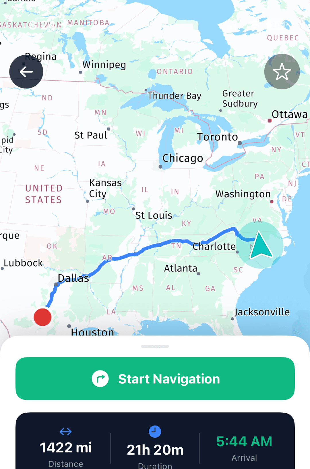 Argus route map showing a 1,422 mile truck route from North Carolina through Tennessee, Arkansas and Texas with distance, duration and arrival time