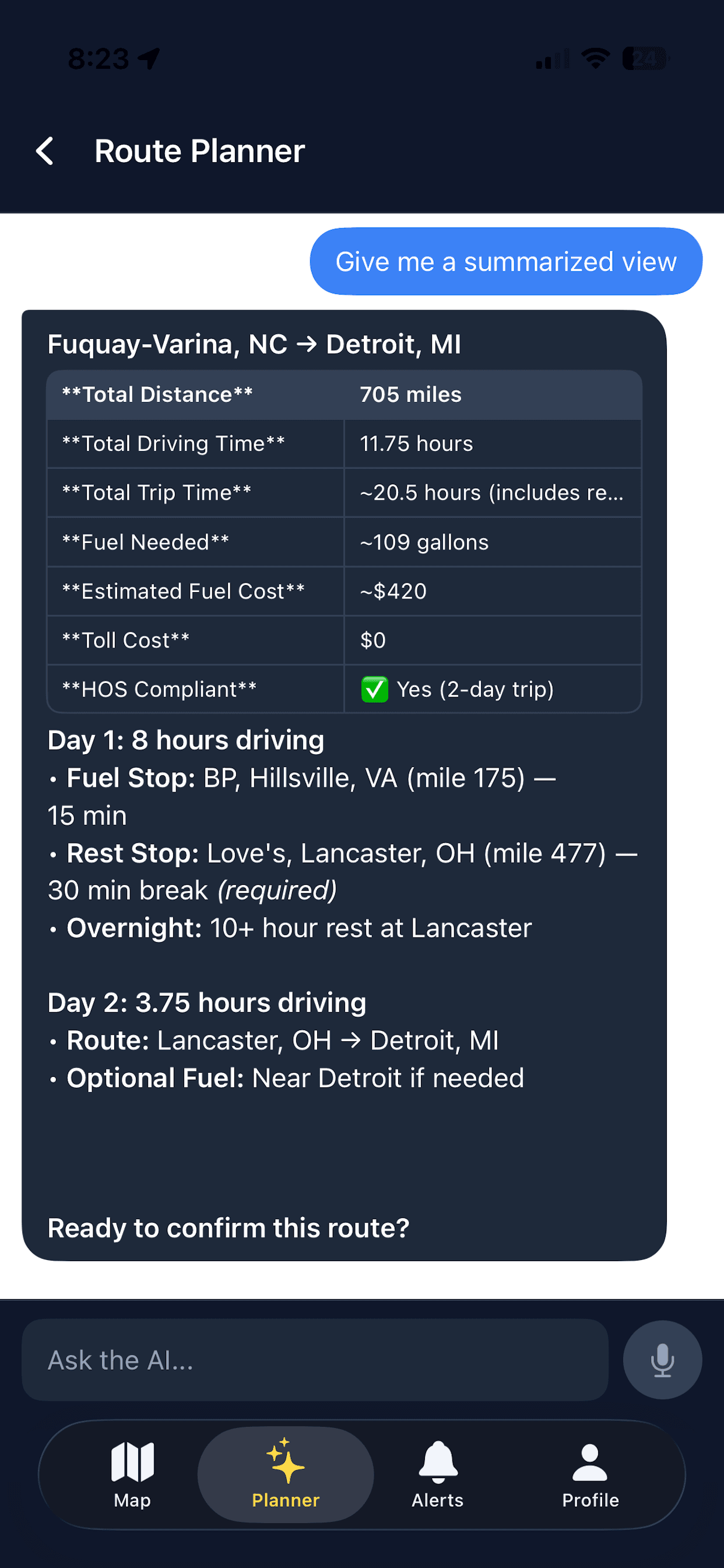 Argus route planner summarising a Fuquay-Varina to Detroit trip with total distance, driving time, fuel needed, estimated fuel cost, tolls and hours of service compliance