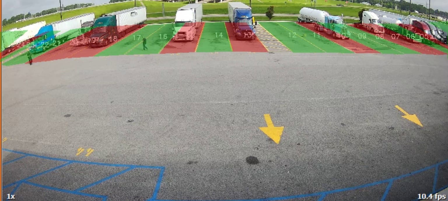 Argus Park reading a live truck stop camera, each parking space classified open or occupied