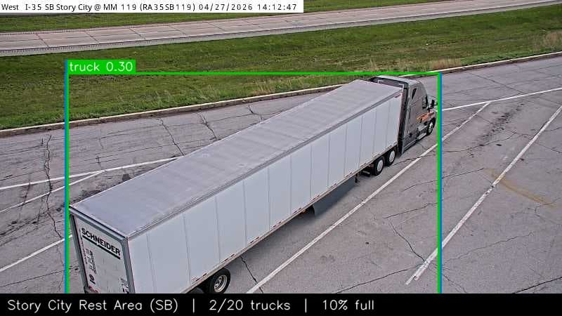 Public rest area camera frame with a truck detected and the lot count displayed
